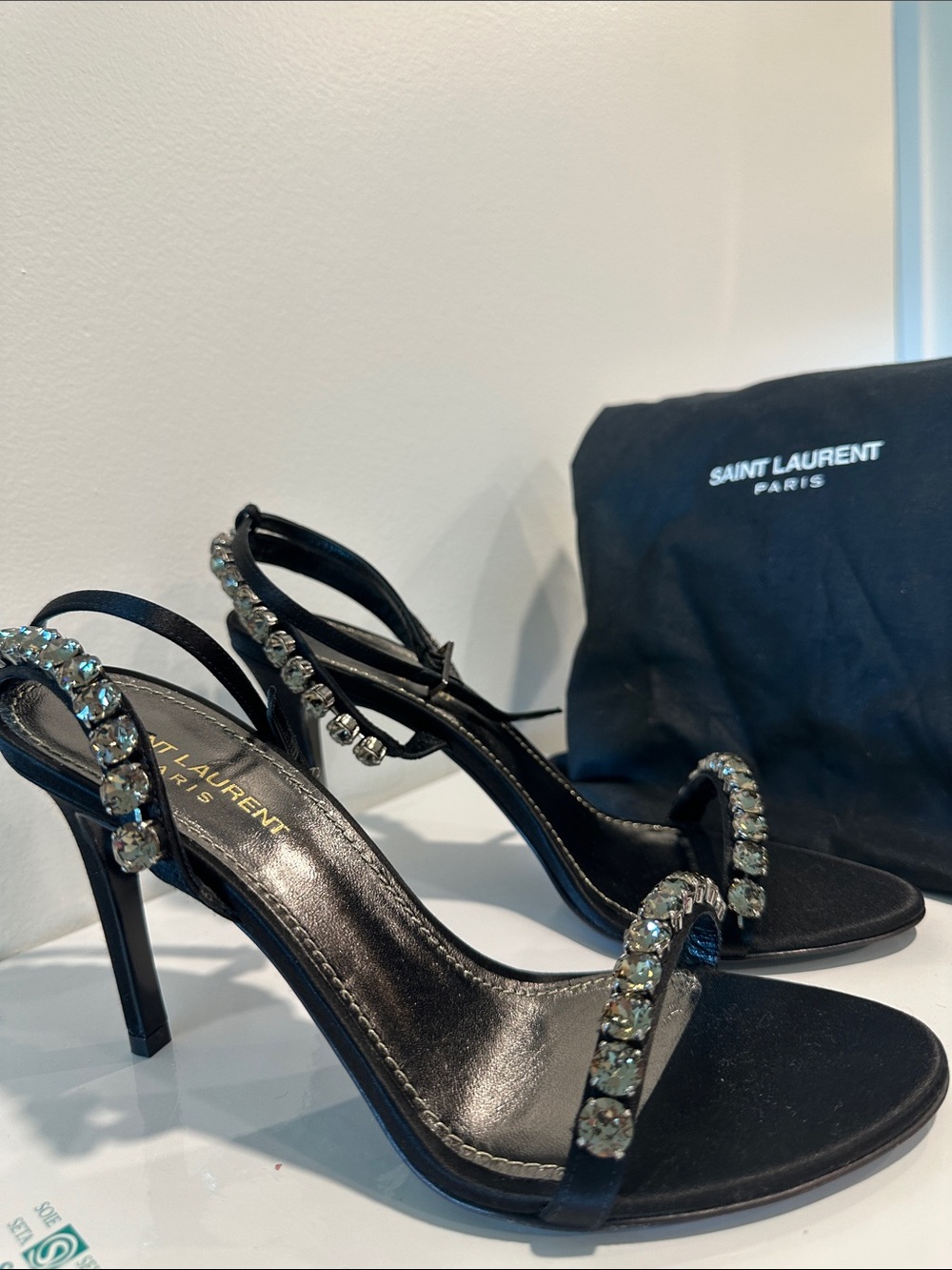 Saint Laurent Black Crystal-Strap Slingback Heels - Picture 1 of 9